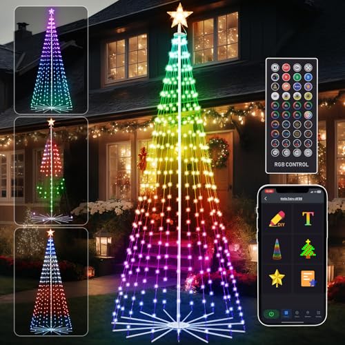 Image of FANCILLUMA 8 FT 340 LED Outdoor Smart Christmas Cone Tree Lights | RGB Color Changing, DIY Multicolor Lightshow, APP & Remote Control, Music Sync Timer Waterproof Outdoor Christmas Decorations