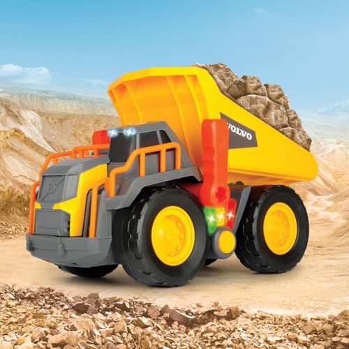 Dickie Toys Volvo Spielzeug Kipplaster mit Gewichtserkennung, Weight Lift Truck, LKW Kipper, erkennt 3 verschiedene Gewichtsstufen, bewegliche Ladefläche, Licht & Sound, inkl. Batterien, 30 cm, Gelb/Grau