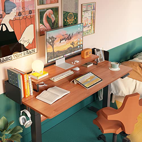 Image of FEZIBO Electric Height Adjustable Standing Desk with Double Shelves, 48 x 24 Inch Home Office Desk with Monitor Stand and Storage, Sit Stand Rising Desk, Nature