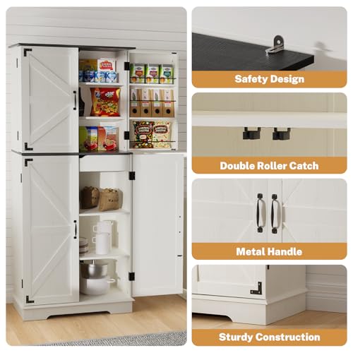 Sunny Heart 72 Farmhouse Pantry Cabinet with Adjustable Shelves and Drawer - Cream Kitchen Storage Solution