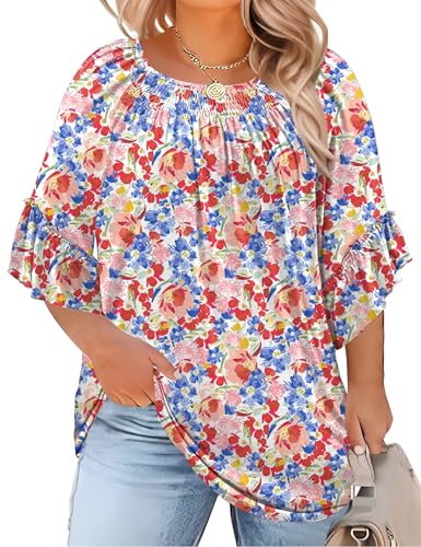 Image of Micoson Womens Plus Size Tops 3 /4 Ruffle Sleeve Crewneck Pleated Shirts