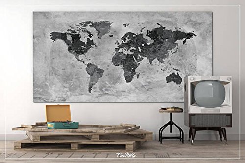 COCOMILLA Push Pin World Map, CANVAS Print, Extra Large World Map, Push Pin Travel Map, Rustic World Map, Antiques Map, Wanderlust, Travel Love-964(27"x55" (70cmx140cm))-Black White