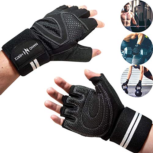 NH Weight-Lifting Workout Gloves with Wrist Wraps | Gym Exercise Fitness Training Hand Grips Accessories | Support Power Weight Lifting, Rowing, Pull Up for Men & Women (Black, L)