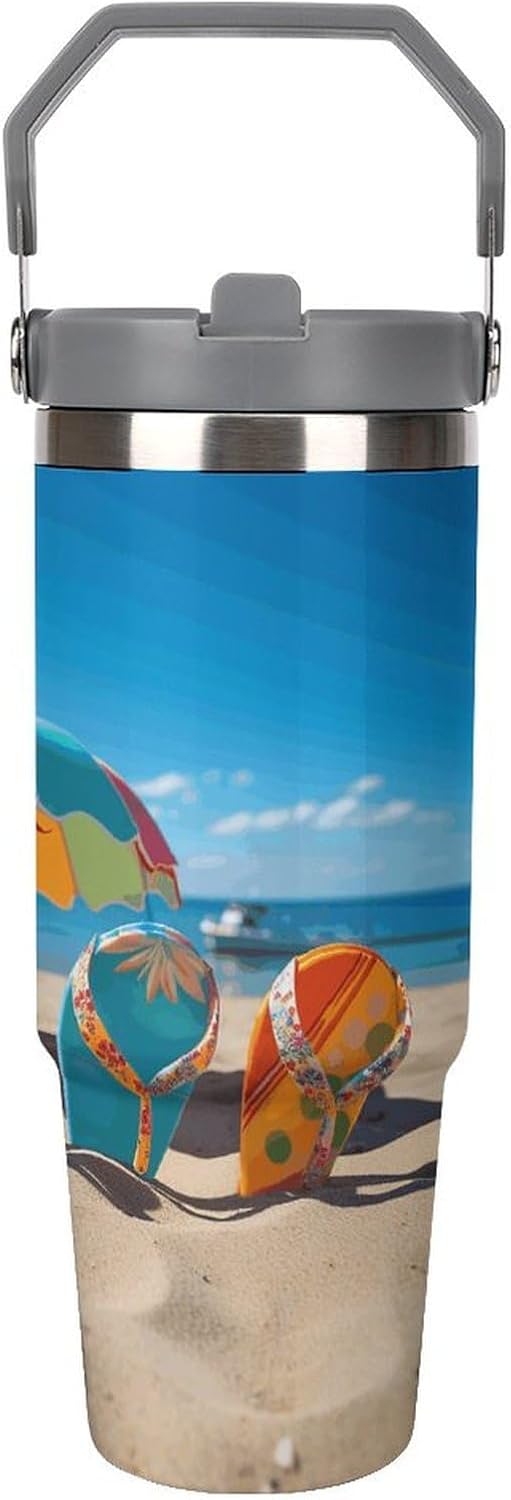 Colorful Flip Flops Beach Ball Water Bottle 30 Oz Fits Car Cup Holder,Insulated Coffee Mug Large Capacity Car Cups,Stainless Steel Double Wall Sport Bottle for Travel Sports Gym
