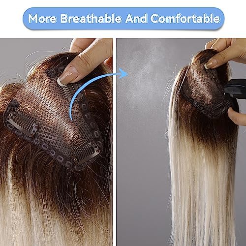 Miniatura 5 de EMMOR Toppers de cabello humano Remy para mujer, 100% 3.5 x 4 pulgadas atados a mano con base de encaje suizo de 12 pulgadas (degradado gris