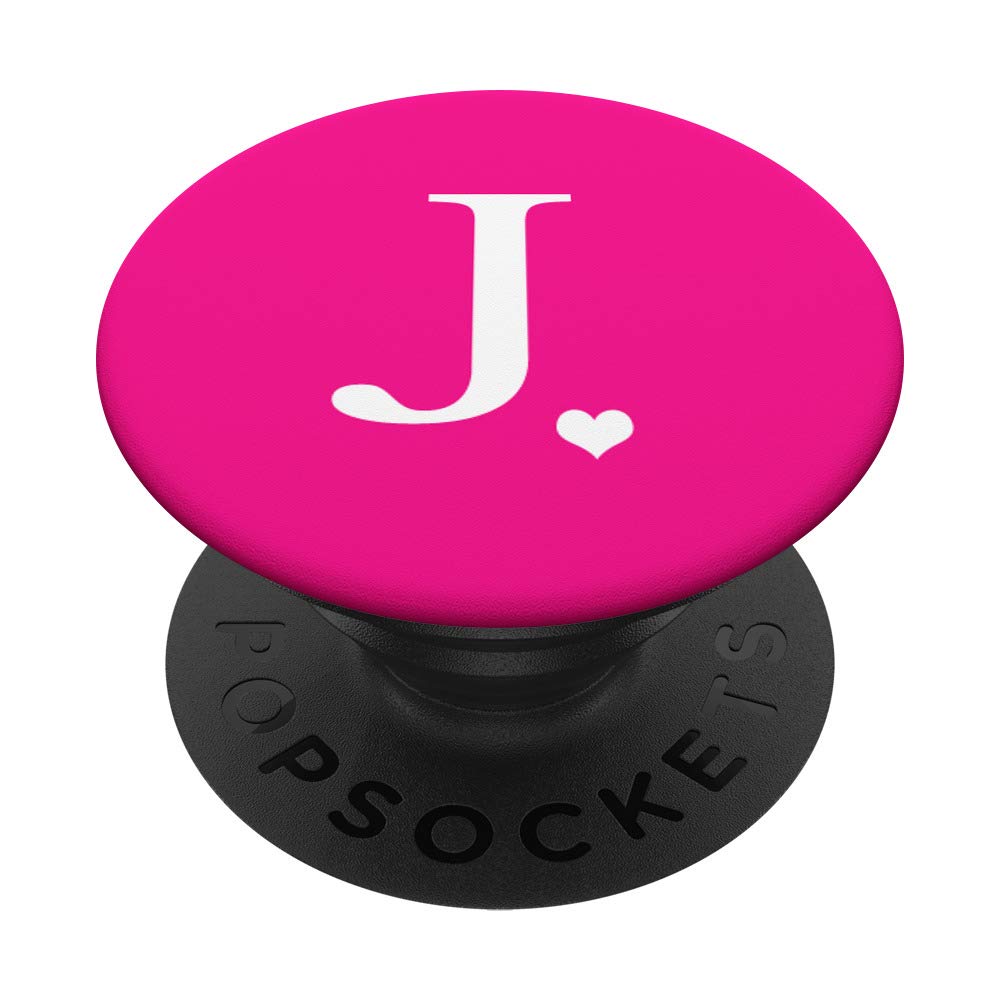 White Initial Letter J heart Monogram on Hot Pink PopSockets PopGrip: Swappable Grip for Phones & Tablets PopSockets Standard PopGrip