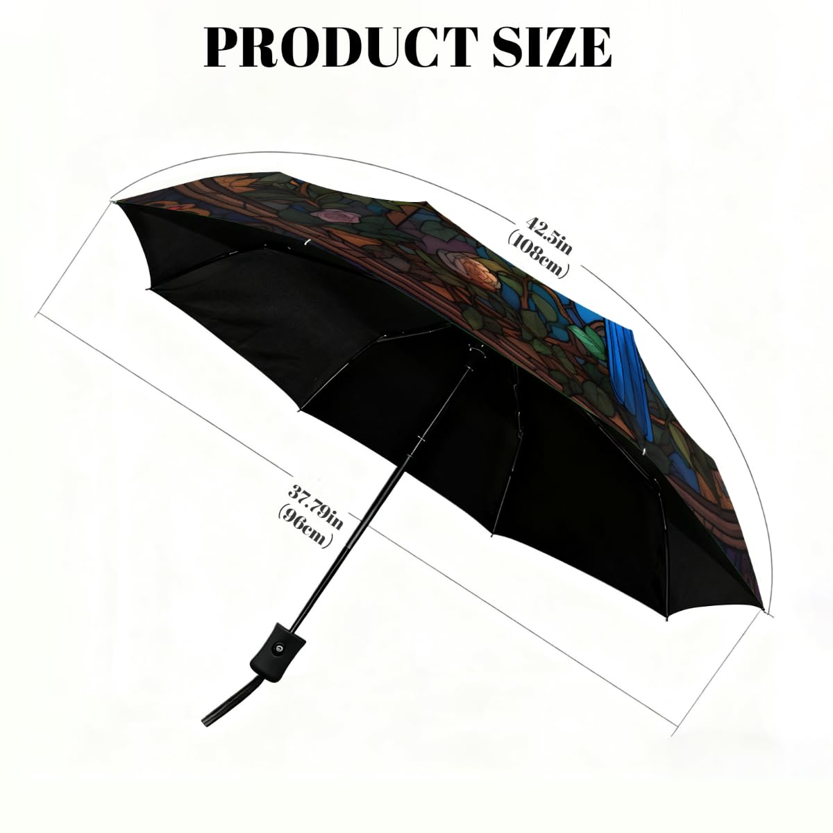 Ombrello pieghevole in vetro colorato con uccello e fiore, ombrello da viaggio, compatto, antivento, impermeabile, con protezione UV, rivestimento nero, leggero, 8 costine, portatile, per