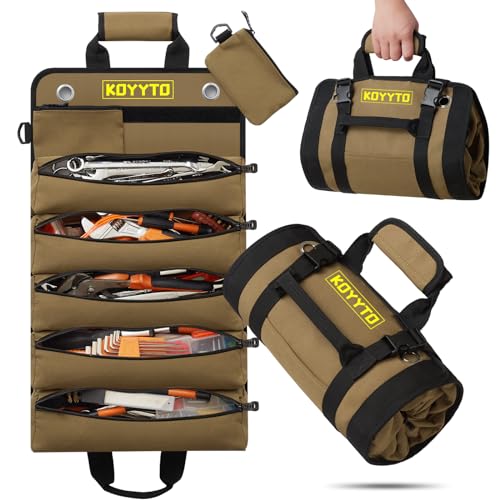 KOYYTO Premium Tool Roll up Bag - Heavy Duty Small Tool Bag Organizer and Storage with W/Detachable Pouches,Waterproof Oxford Cloth,Suitable for Motorcycle,Truck,Electrician,Mechanics etc,Brown