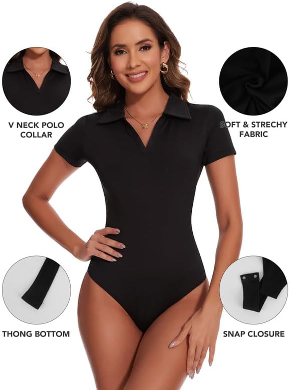 SHAPERIN Women's V Neck Polo Bodysuit Tops Long Short Sleeve Sleeveless Sexy Slim Collared Leotard - Image 2