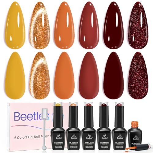 Image of Beetles Fall Gel Polish Set, 6 Colors Orange Burgundy Glitter Cat Eye Gel Nail Polish with Magnet, Maple Gleam Soak Off UV LED Manicure Kit, Autumn Nail Colors for Daily Wear Travel Gifts