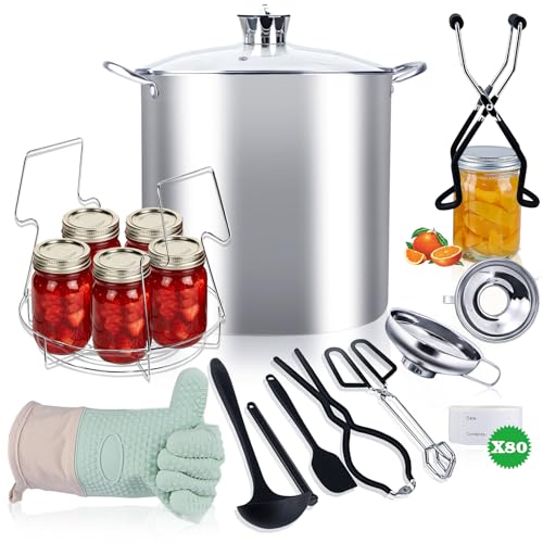 Canning Supplies Starter Kit 24L Stainless Steel Water Bath Canner Pot with Glass Lid & Canning Rack 12-Piece All-in-One Home Canning Set for Beginners Silver