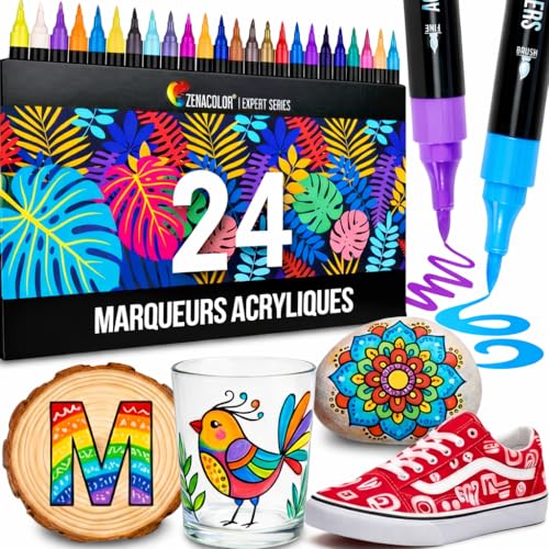 Zenacolor 24 Feutres Acryliques Double Pointe - Stylo Peinture Pointe Fine & Pinceau - Couleurs Opaques pour Peinture sur Verre, Bois, Pierre, Toile - Marqueurs à dessin pour Loisir Creatif Adulte