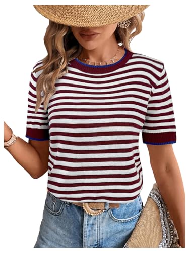 MakeMeChic Women's Striped Crew Neck T Shirt Tops Crew Neck Short Sleeve Knit Tee Top
