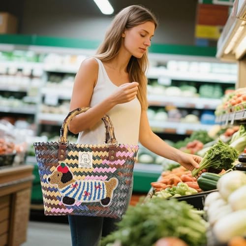 Einkaufskorb Geflochten aus Kunststoff, Korbtasche Handtasche, Strandtasche Stroh Groß, Geflochten Handtasche Damen für Picknick, Shopping, Urlaub (Dackel)