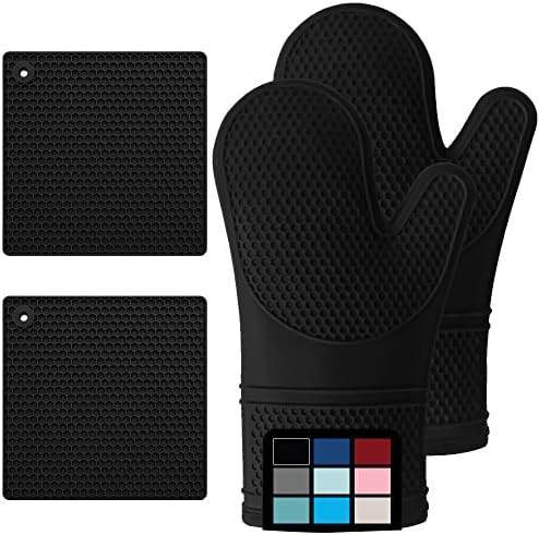 Gorilla Grip Heat and Slip Resistant Silicone Oven Mitt and Trivets Set, Waterproof, Cotton Lined Gloves, BPA-Free, Long Cooking Mitts and Trivet Mats, Kitchen Potholder Sets for Pans, 4 Pieces, Black