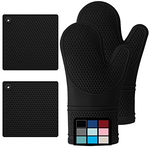 Gorilla Grip Heat And Slip Resistant Silicone Oven Mitt And Trivets Set, Waterproof, Cotton Lined Gloves, Bpa-Free, Long Cooking Mitts And Trivet Mats, Kitchen Potholder Sets For Pans, 4 Pieces, Black #TOP5