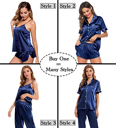 Image of SWOMOG Womens Silk Satin Pajamas Sets 4pcs Sleepwear Sexy Cami Shorts Set and Button Down Short Sleeve Pjs Loungewear