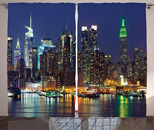 Ambesonne New York Curtains, NYC Midtown Skyline in Evening Skyscrapers Metropolis City States...