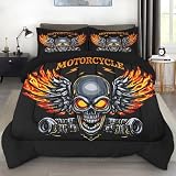 Pamnest Comforter Set Queen Size, Skull Motorcycle Vintage Soft Bedding Set for Kids and Adults, Retro Bike Skeleton Comforter Set with Pillowcase, for Bedroom Bed Decor