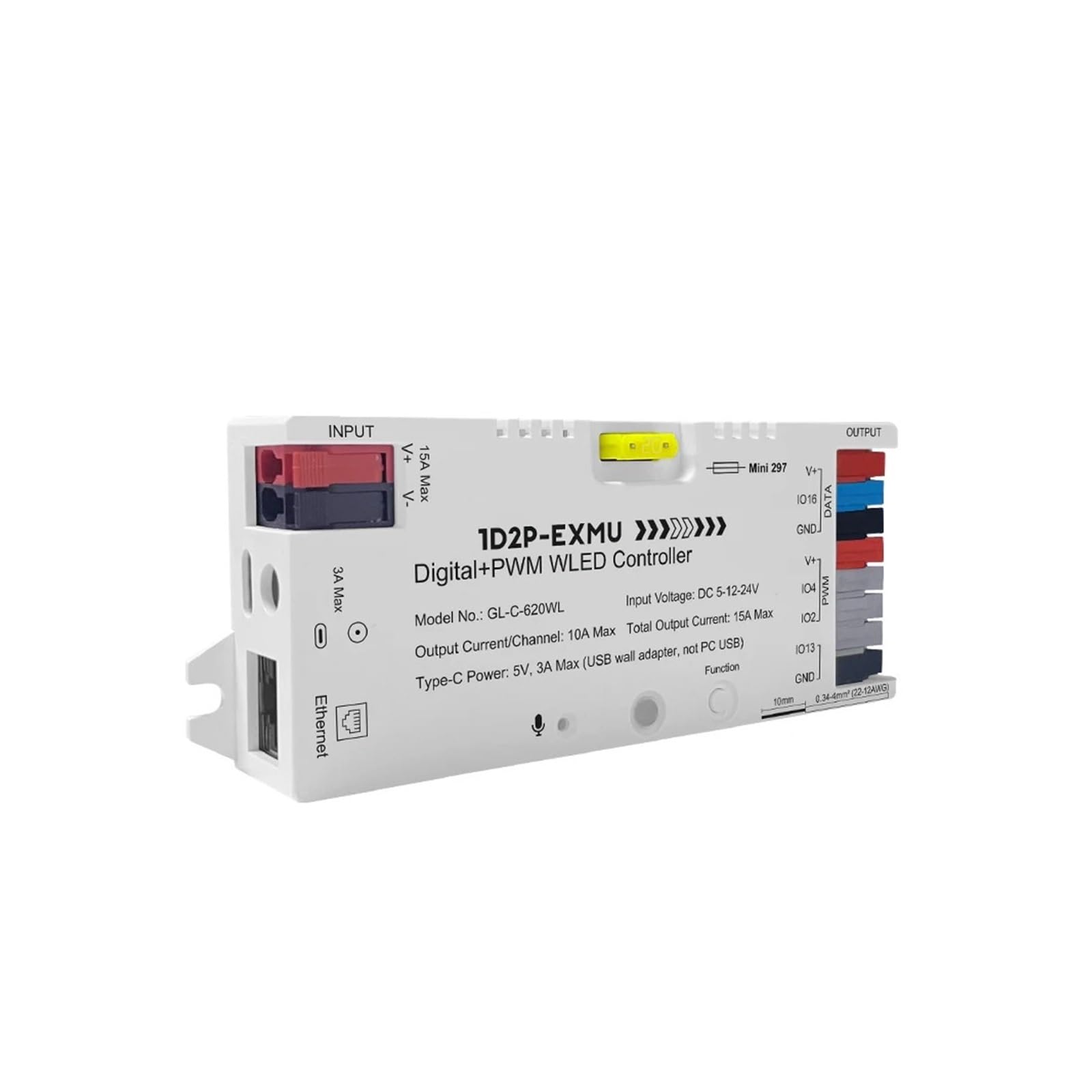 Controlador PWM WLED 5-24V con fusibles integrados y conexión Ethernet rápido