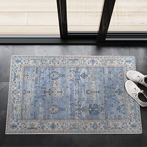 Adiva Rugs Machine Washable Area Rug With Non Slip Backing For Living Room, Bedroom, Bathroom, Kitchen, Printed Persian Vintage Home Decor, Floor Decoration Carpet Mat (Blue, 2' X 3') #TOP10