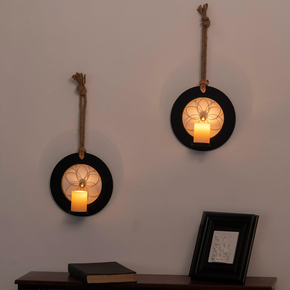 Wall Sconce Candle Holder Metal and Wooden Hanging Wall Mounted Candle Holders Home Decoration Hemp Rope Wall Mounted Decorative Candle Holder, Set of 2
