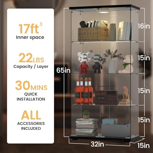 Glass Display Cabinet with LED Lights — 4-Shelf Lockable Tempered Glass Showcase, 65 x 32 x 14.3 Inches — Adjustable Multi-Color Lighting for Modern Home & Commercial Use, Black
