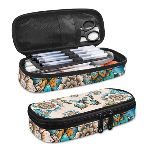 Image of Butterfly Hippie Flower Print Peach Blossom Pencil Box, Pen Pouch Bag Aesthetic Pencil Case Soft Pen Box Stationery Bags for Back to School