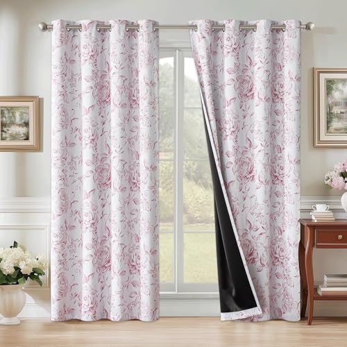 Beauoop Floral 100% Blackout Curtains 54 Inches Long 2 Panels for Bedroom Living Room Pink White Farmhouse Dusty Rose Flower Patterned Room Darkening Thermal Grommet Window Treatments Drapes, 50X54