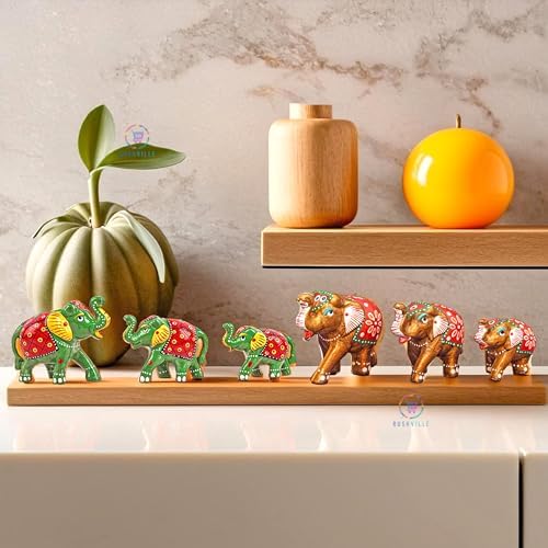 Hand-Painted Paper Mache Elephant Set - Traditional Indian Folk Art Home Decor,ift Item (Set of 6) -Old &reen