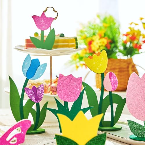 Image of 18 PCS Tulip Felt Table Decorations Butterfly Felt Table Centerpieces Flowers Tulip Centerpieces for Spring Decoration for Home Office Mother's Day Decorations