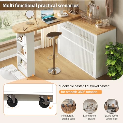 LAKFEW Mesa de Bar Extensible con 2 Ruedas y Almacenaje, Mesa Alta Cocina Barra Cocina con Cajón y 2 Puertas, Mueble Bar Auxiliar con Dispositivo Antivuelco, 137(215) x39x102.3 cm, Blanco - imagen 5