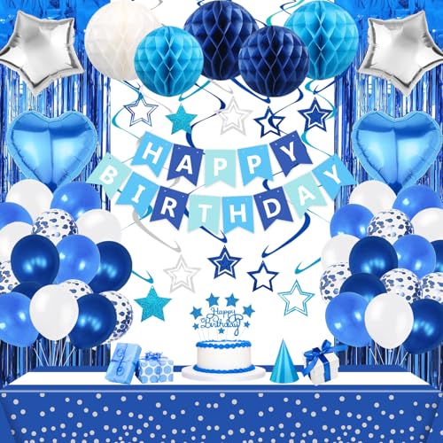 Image of Blue White Birthday Party Decorations Supplies Happy Birthday Banner Honeycomb Balls Fringe Curtain Foil Balloons Hanging Swirls Cake Topper Tablecloth Party Supplies for Boys Men