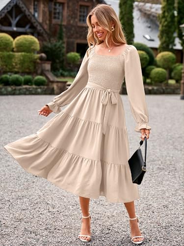 Image of Simplee Womens Long Sleeve Maxi Dress Casual Square Neck Smocked Flowy Fall Wedding Guest Dresses