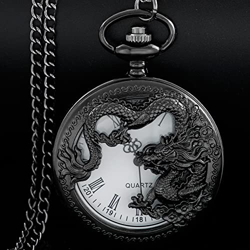 Image of Dragon Design Quartz Pocket Watch Roman Numerals with Chain Birthdays Gifts for Father's Days