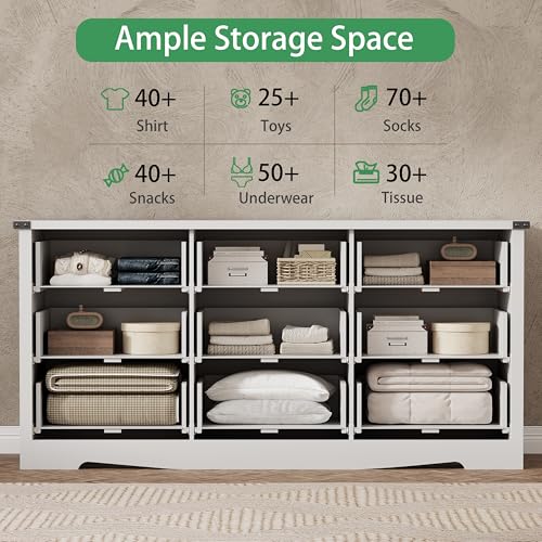 Image of Dresser for Bedroom with 9 Drawers, 59 inch Wide Modern Chest of Drawers with Deep Drawers & Mental Handle, Wood Dresser TV Stand, Wooden Closet Storage Organizer for Living Room, Hallway, Entryway, White