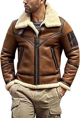 Mens Shearling B3 Bomber Flight Sheepskin Aviator Winter Coat Leather Jacket4