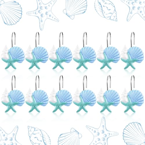 12 PCS Seashells Decorative Shower Curtain Hooks Ocean Coastal Shower Curtain Rings Beach Starfish Conch Curtain Rod Rings Coastal Decor Resin Curtain Hanger Hooks for Bathroom Bedroom Living Room