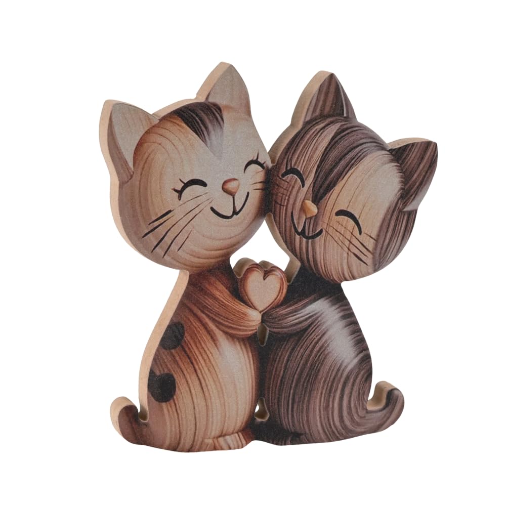 Dongker Grain Cat Desk Decoration,Wooden Couple Kitten Desk Sculpture For Table Bookshelves Living Room Hallway Windowsills
