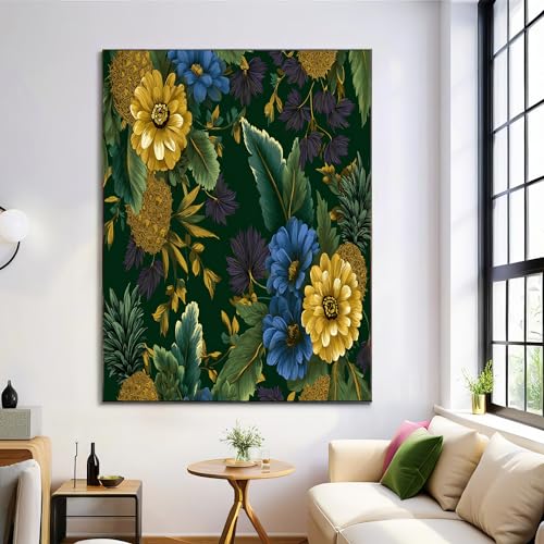 Motif plantes et fleurs fleurs bleues affiche salle de bain vintage tableau décoration toile