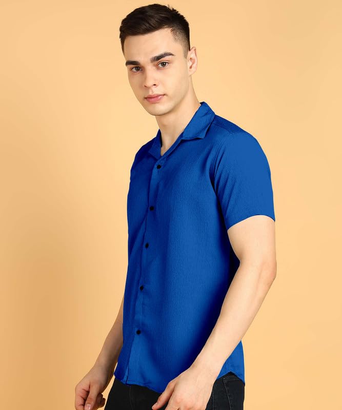 Image of COMBRAIDED Men's Solid Cotton Blend Half Sleeve Shirt - Regular Fit Casual Button-Down Shirt for Office & Travel - Summer & Spring