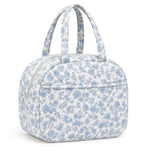 Mornbreeze Quilted Lunch Bag for Women, Insulated Floral Tote (blue floral)