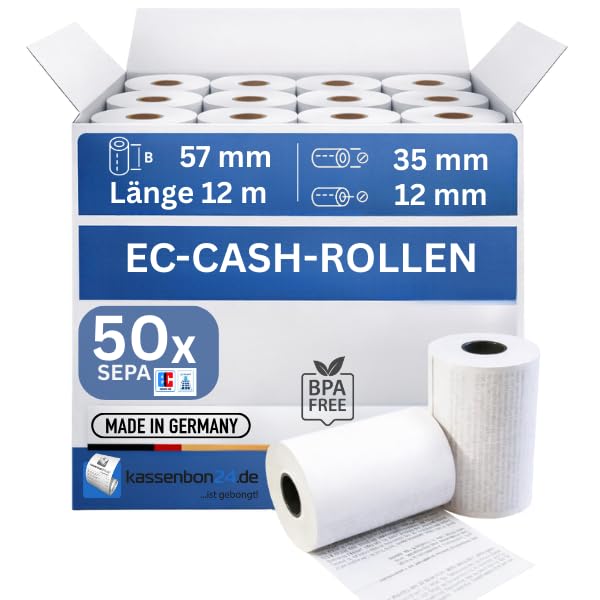 Kassenbon24.de EC-Cash Rollen 57x35x12mm 12m | 50 Stück BPA-frei | Thermorollen für Kartenterminal EC-Terminal Kartenleser | Kassenbonrollen Thermopapier 48g/m