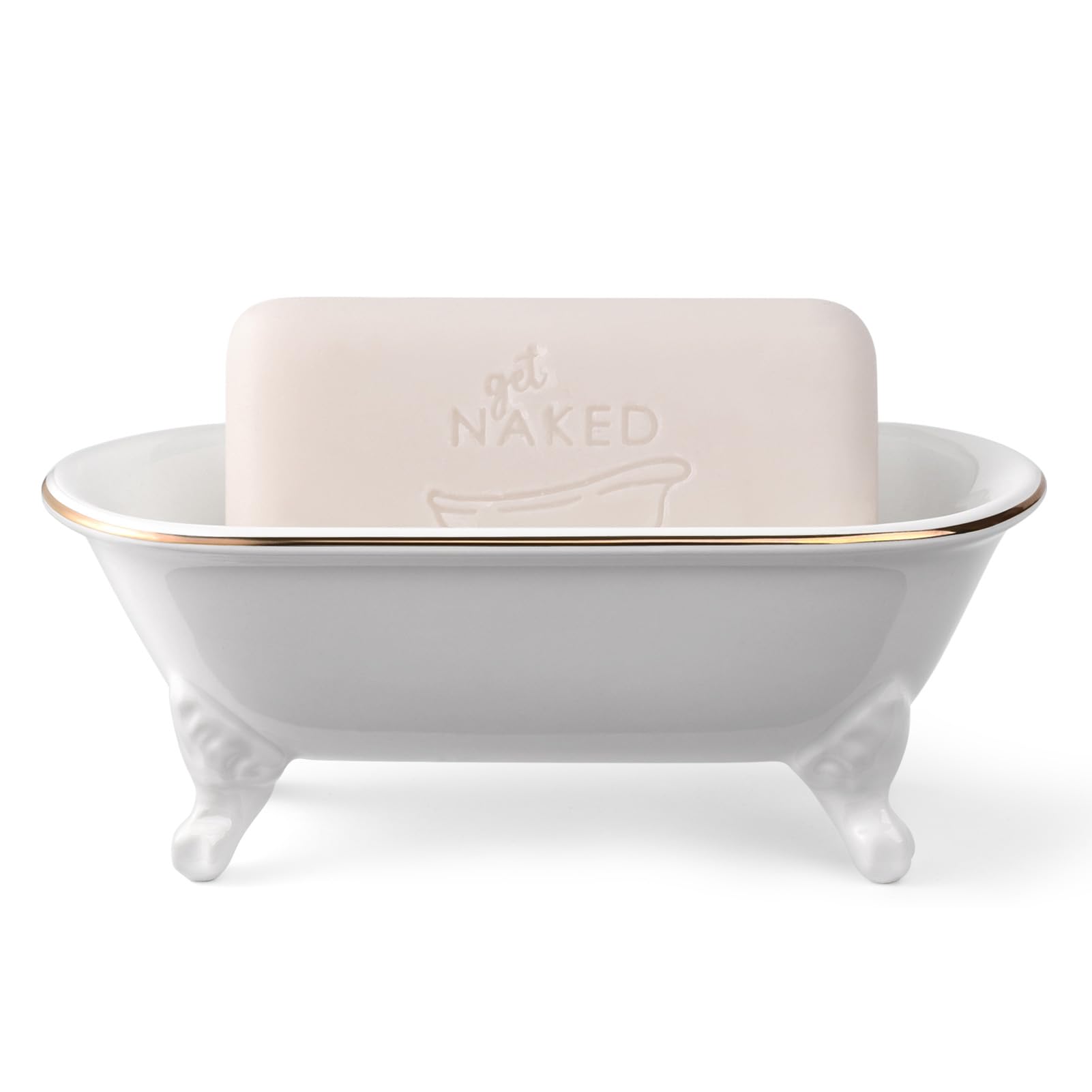 Jabonera decorativa de cerámica de 6.5 pulgadas, soporte de esponja de cocina y bandeja de ducha para baño, 1 paquete (borde dorado blanco)