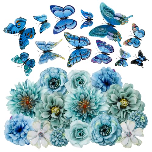 MWOOT 26 Pieces Fleurs Artificielles Papillons 3D, Têtes de Fleurs Rose Œillet Artificielles, Petite Fausse Fleur Deco pour DIY Gâteau Bouquet Couronne...