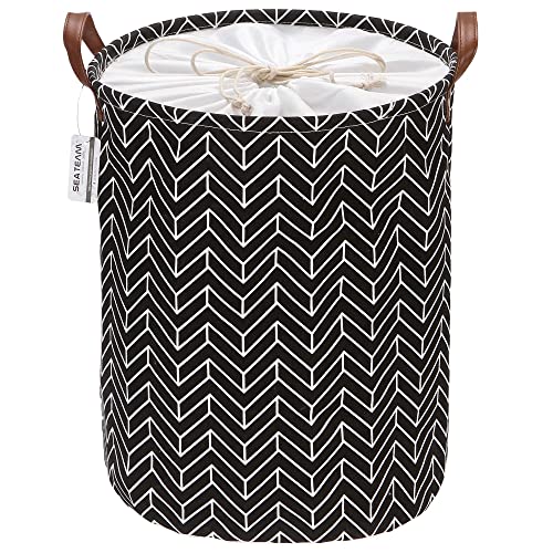 Sea Team Arrow Pattern Laundry Hamper Canvas Fabric Laundry Basket Collapsible Storage Bin with PU Leather Handles and Drawstring Closure