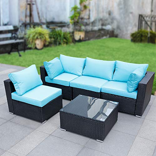 Viewee 5-Piece Patio Furniture Set PE Black Rattan All-Weather Wicker Sectional Outdoor Sofa Washable Blue 4-Cushions & 6-Pillows (Extra Gift: Ratchet/Hex/Allen Wrench)