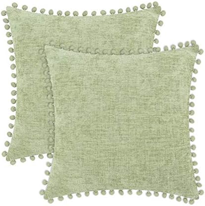 CaliTime Throw Pillow Cases Pack of 2 Cozy Solid Dyed Soft Chenille Cushion Covers with Pom Poms for Couch Sofa Home Decoration 50cm x 50cm Sage