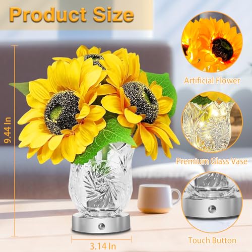 Image of Flower Desk Lamp, Sunflower USB Rechargeable Touch Stepless Dimming Table Lamp, LED Artificial Plants Flower with Vase Night Light, Glass Vase Lamp for Room Home Festival Decor (Sunflower - 3 Head)