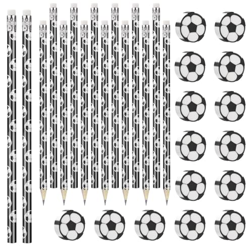 JIANTA 15 Set Fußball Bleistifte Fußball Radiergummi Set, Bleistiftanzug mit Radiergummi für Fussball Deko, Fußball Geburtstag, Fußball Party Geschenk